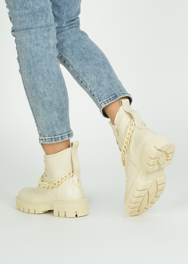 Beige chain detailed chunky biker boots 2