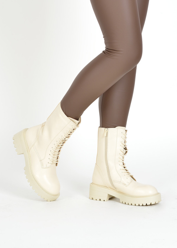Beige midi lace up army boots 1