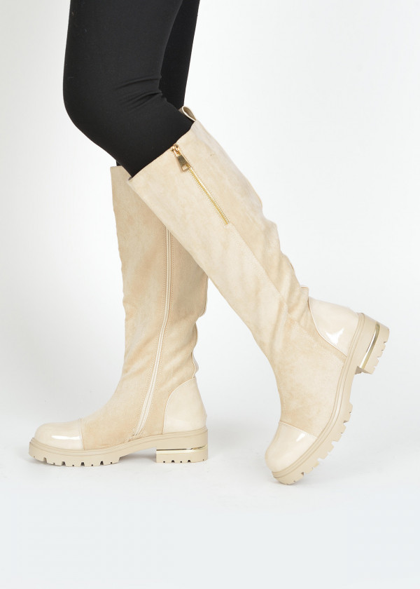 Beige two toned knee high boots