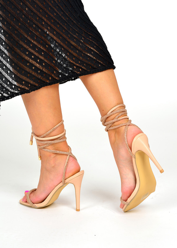 Beige diamante embellished lace up heeled sandals 2