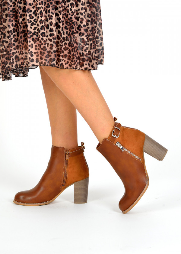 Brown tan zip detail heeled ankle boots