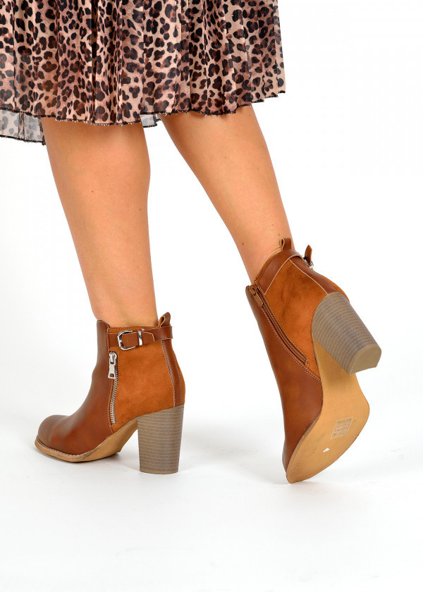 Brown tan zip detail heeled ankle boots 2