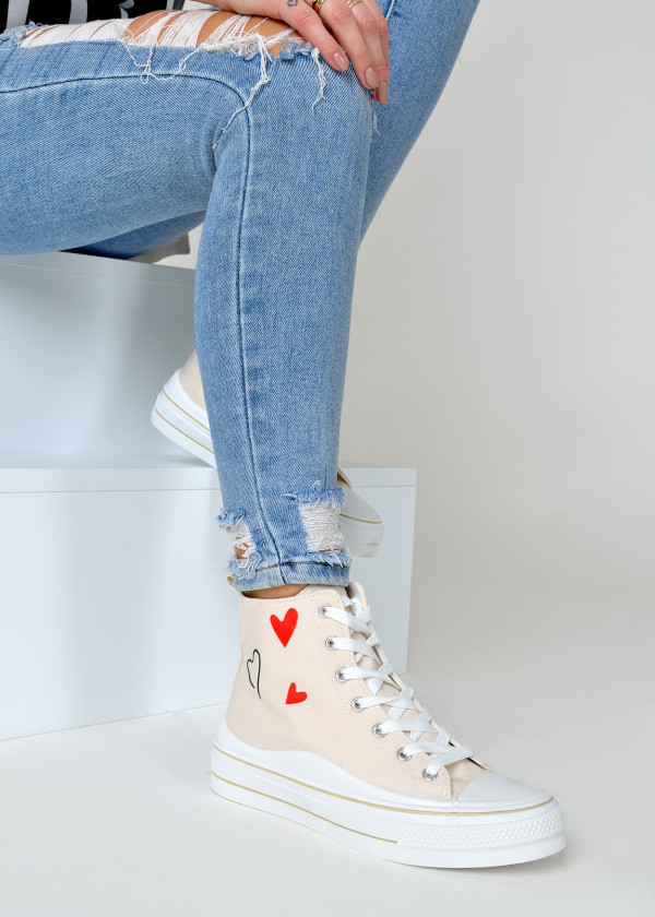 Beige heart detail platform high top sneakers 2