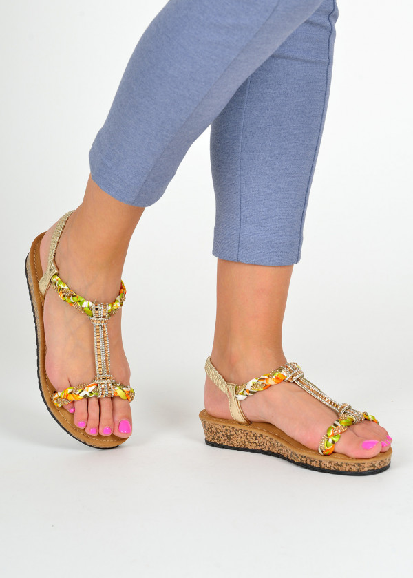 Gold woven rhinestone embellished sandals 1