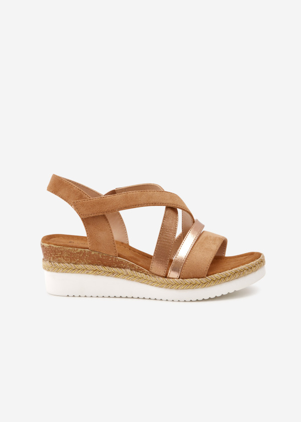 Tan cross strap wedged sandals 3