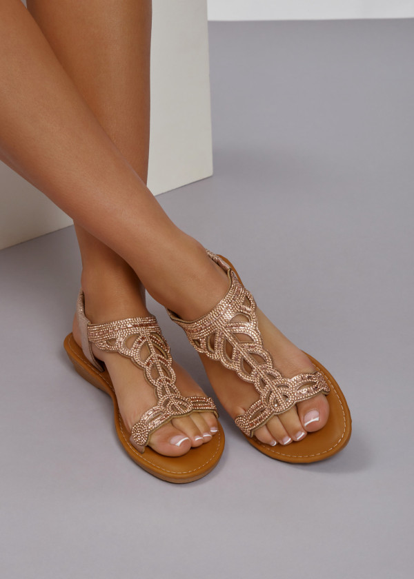 Rose gold embellished T-strap sandals 1