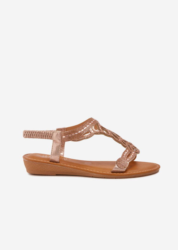 Rose gold embellished T-strap sandals 3
