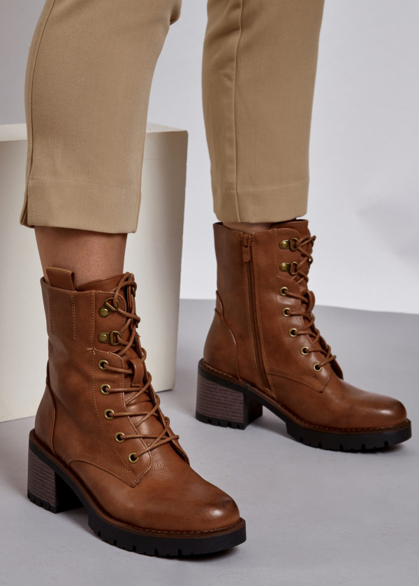 Brown tan lace up heeled ankle boots 1