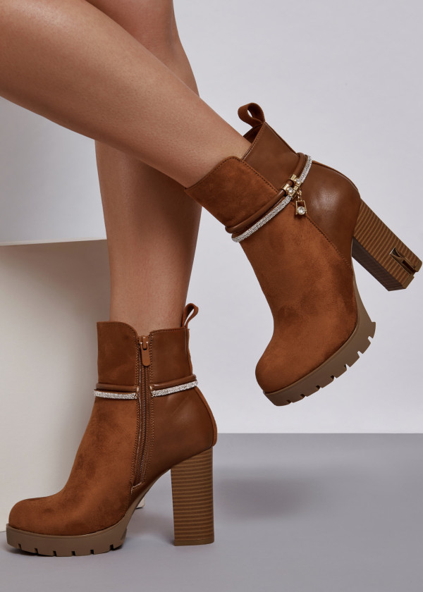 Tan diamante strap heeled ankle boots