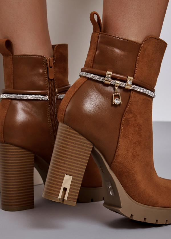 Tan diamante strap heeled ankle boots 1