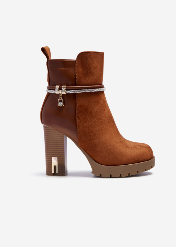 Tan diamante strap heeled ankle boots 3