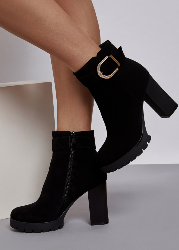 Black diamante buckle heeled boots 1