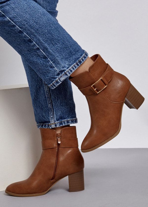 Tan buckle detail heeled ankle boots