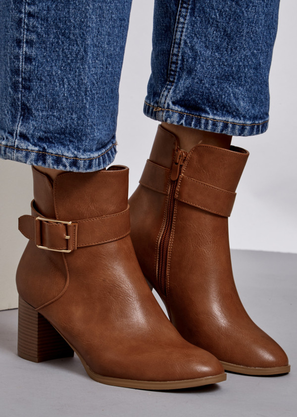 Tan buckle detail heeled ankle boots 1