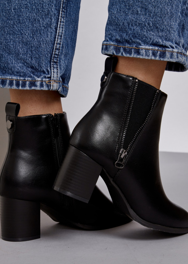 Black open zip detail heeled ankle boots
