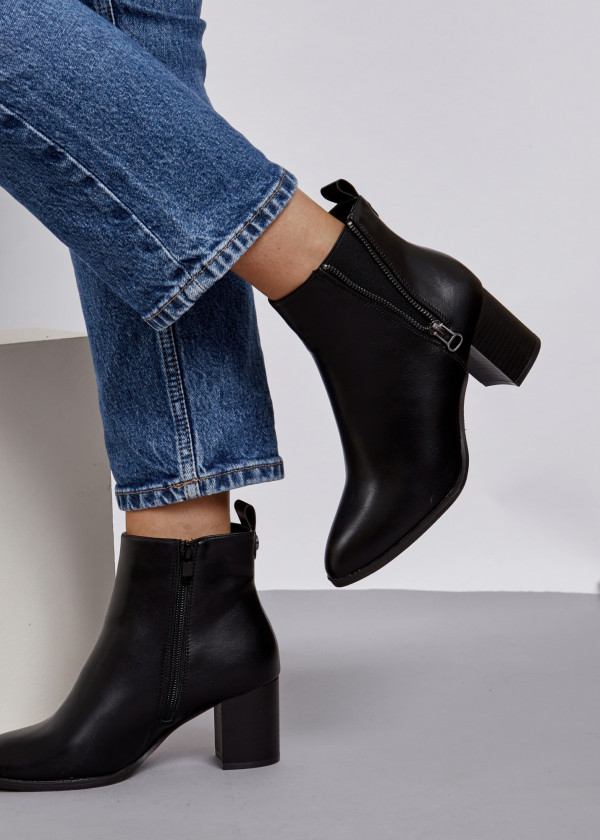 Black open zip detail heeled ankle boots 1