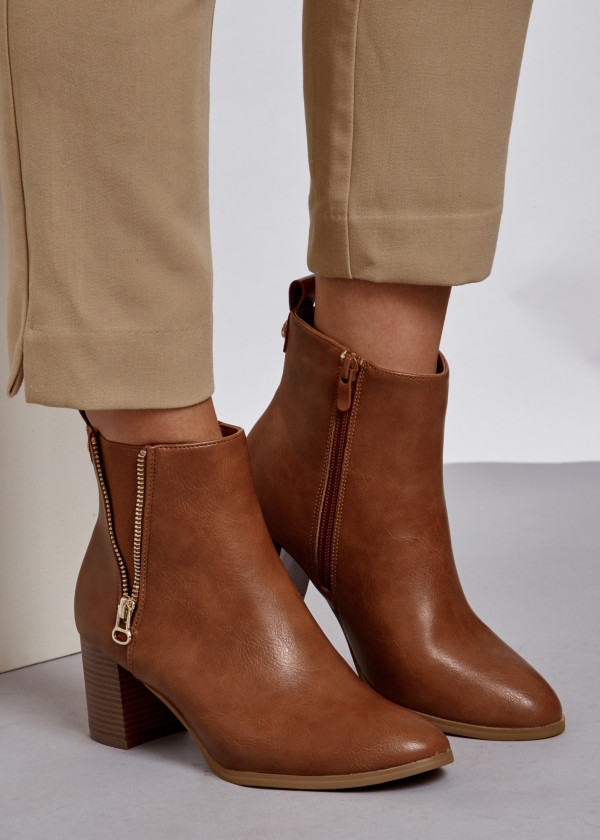 Brown tan open zip detail heeled ankle boots