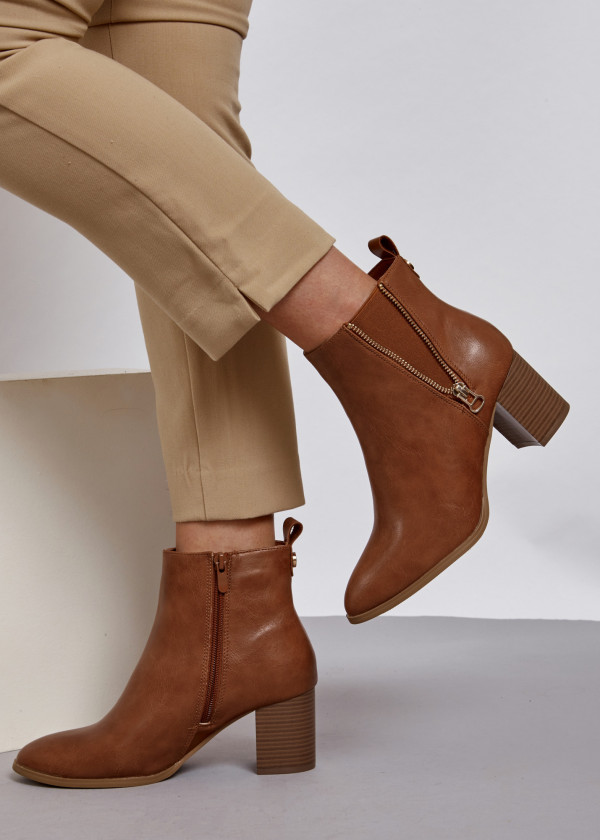 Brown tan open zip detail heeled ankle boots 1