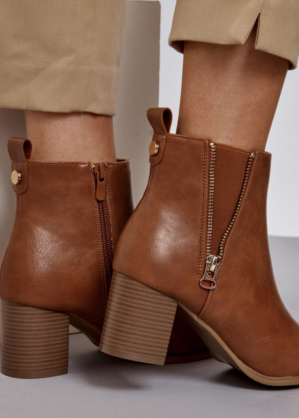 Brown tan open zip detail heeled ankle boots 2