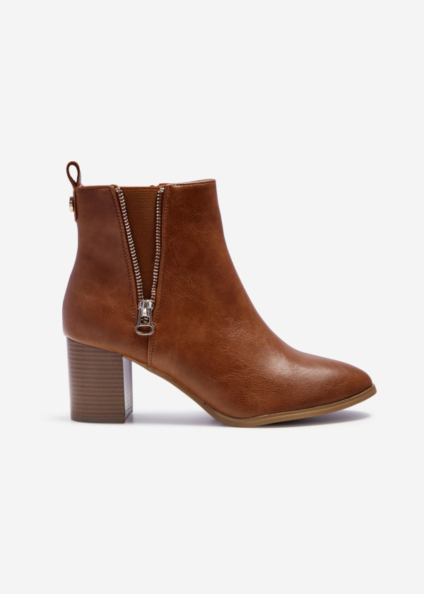 Brown tan open zip detail heeled ankle boots 3