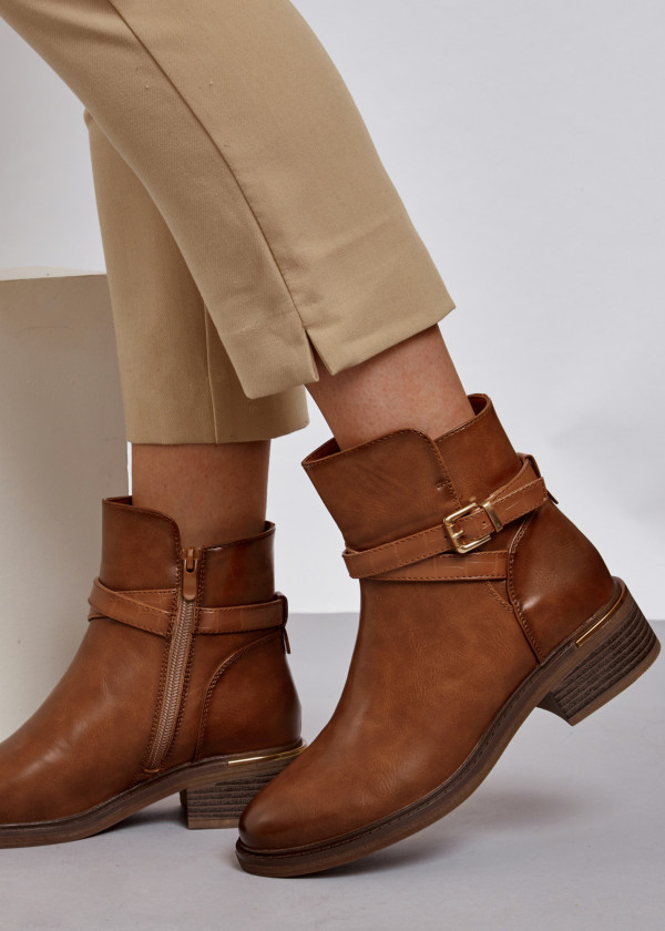 Tan cross strap buckle detail ankle boots