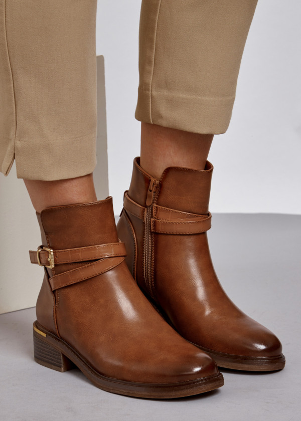 Tan cross strap buckle detail ankle boots 1