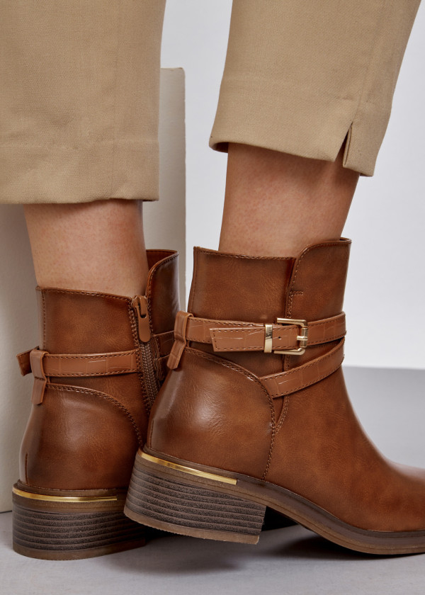 Tan cross strap buckle detail ankle boots 2