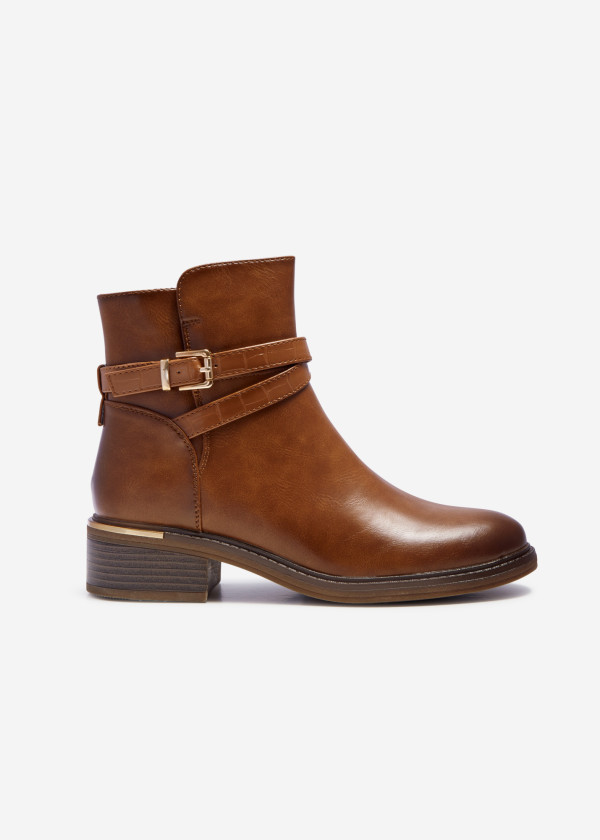 Tan cross strap buckle detail ankle boots 3