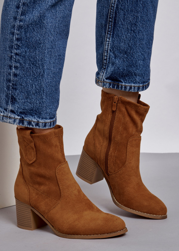 Tan rustic heeled ankle boots