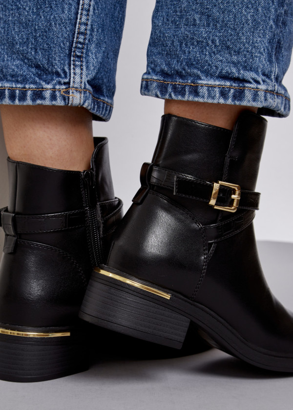 Black cross strap buckle detail ankle boots 1