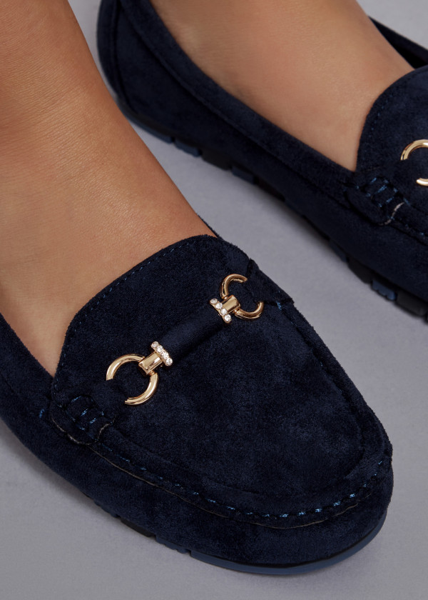 Navy gold snaffle detailed loafers 1