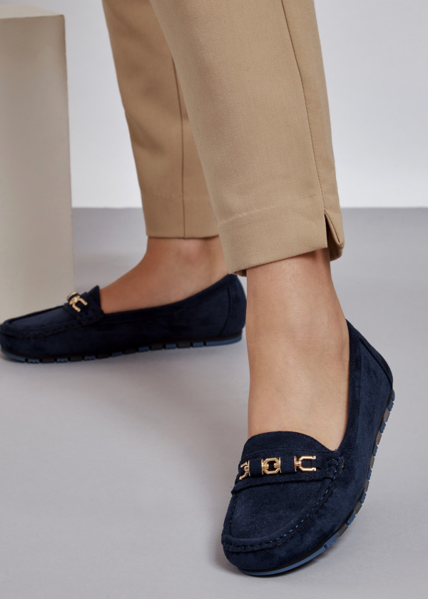 Navy gold chain detailed loafers 1