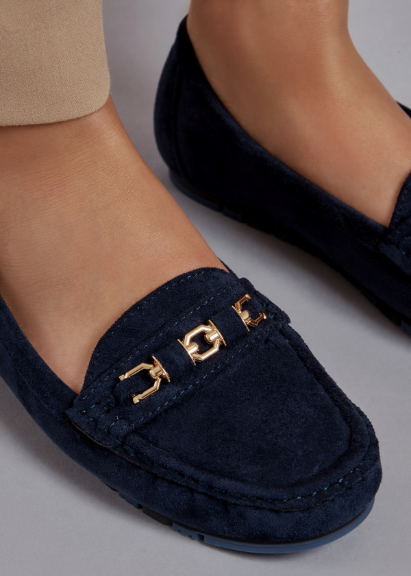 Navy gold chain detailed loafers 2