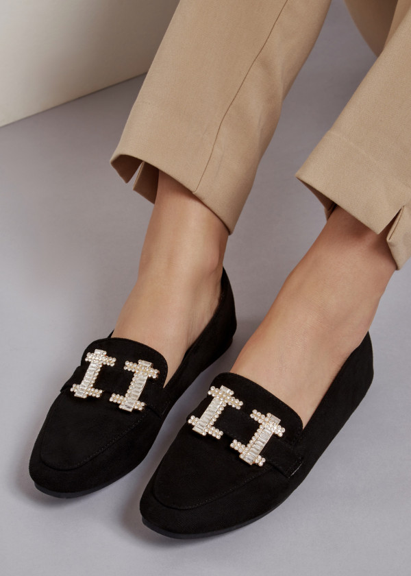 Black diamante brooch detailed loafers
