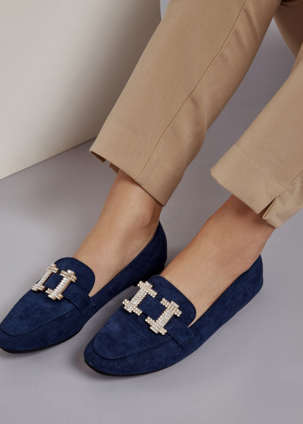 Navy diamante brooch detailed loafers