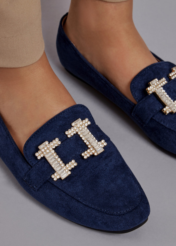 Navy diamante brooch detailed loafers 2