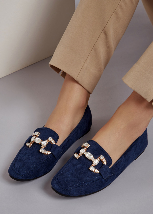 Navy rhinestone snaffle detailed loafers