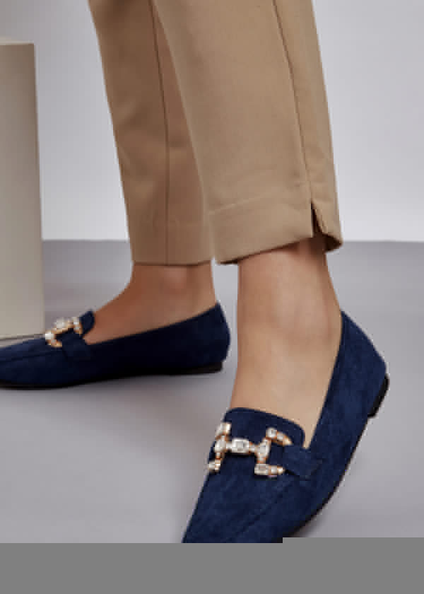 Navy rhinestone snaffle detailed loafers 1