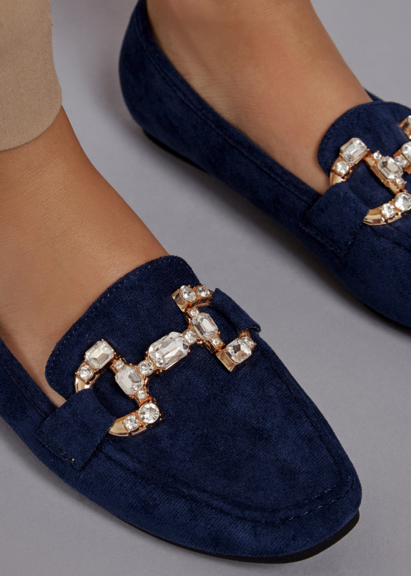 Navy rhinestone snaffle detailed loafers 2