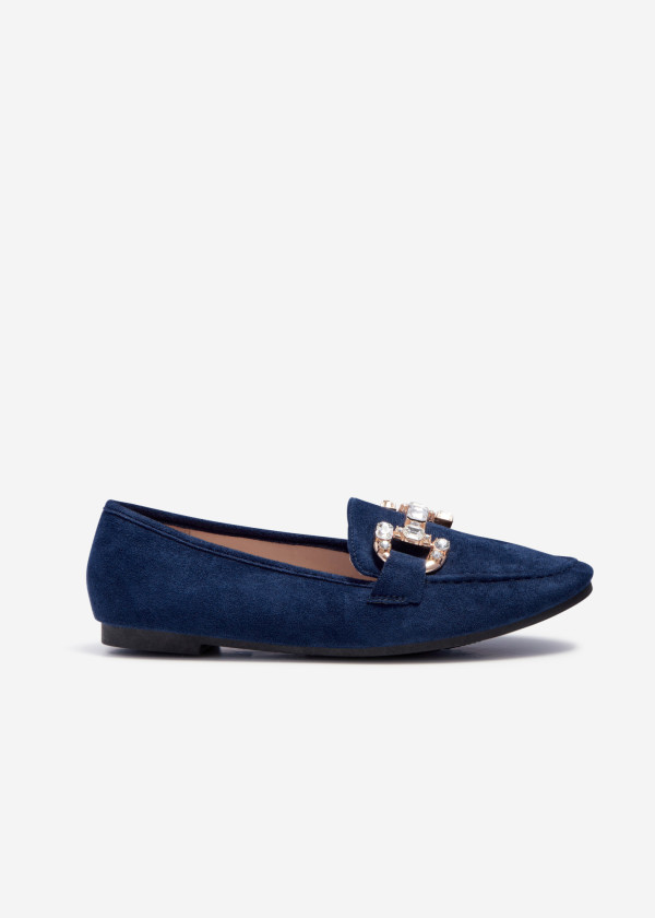 Navy rhinestone snaffle detailed loafers 3