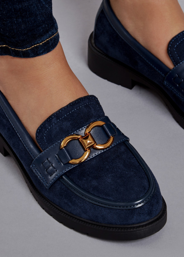 Navy gold chain detailed loafers 1