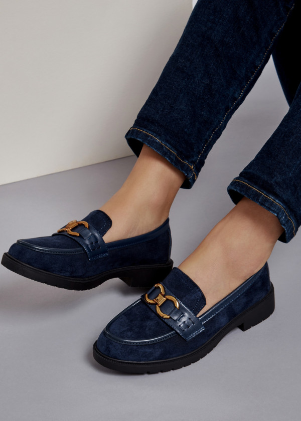 Navy gold chain detailed loafers 2