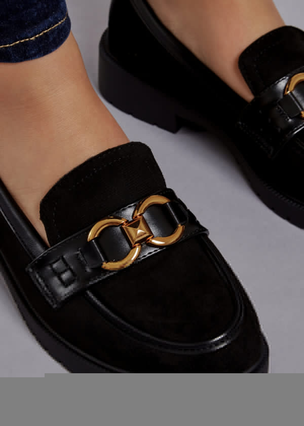 Black gold chain detailed loafers 1