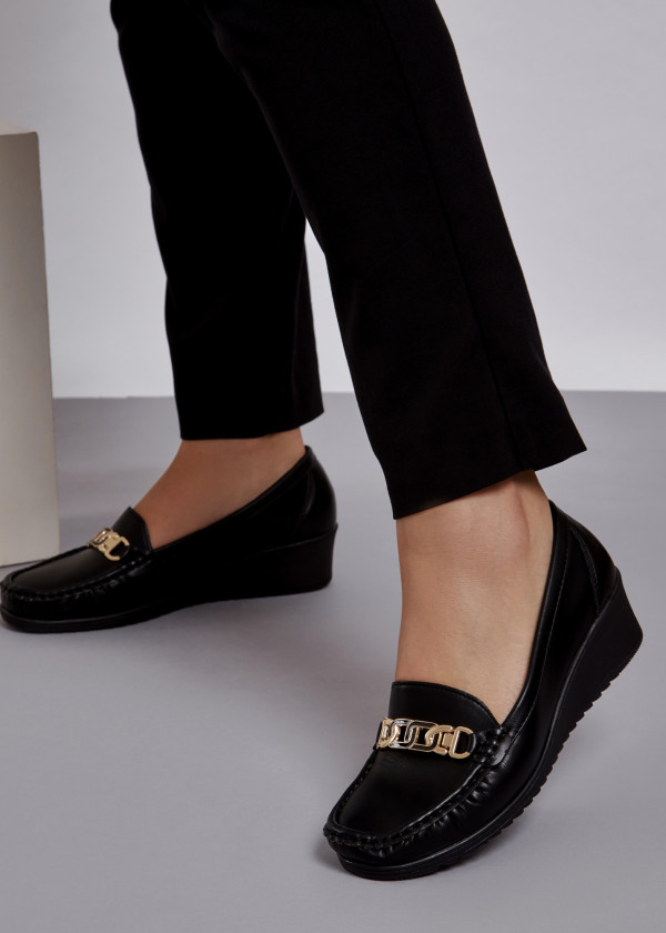 Black gold chain wedged loafers 1