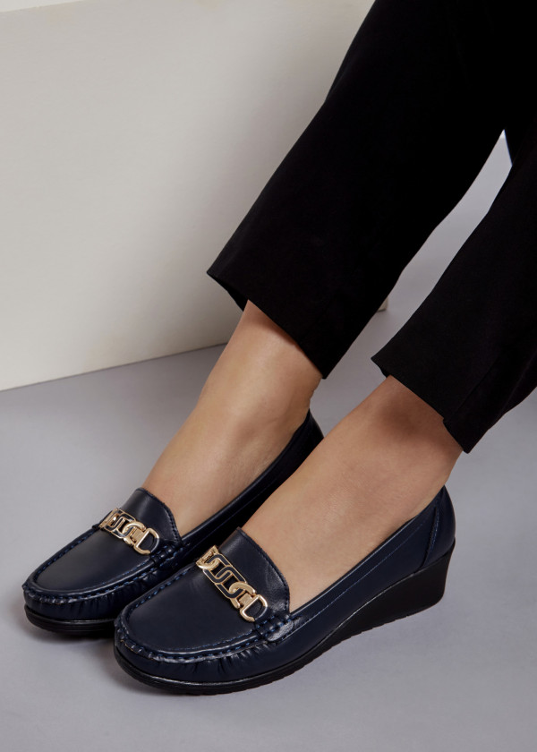 Navy gold chain wedged loafers