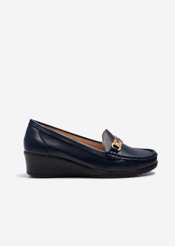 Navy gold chain wedged loafers 3