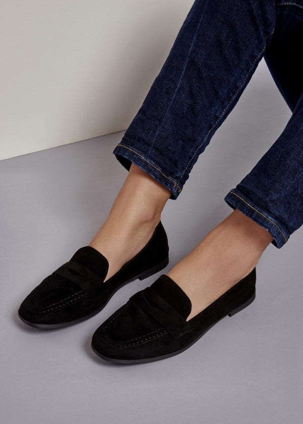 Black flat penny loafers