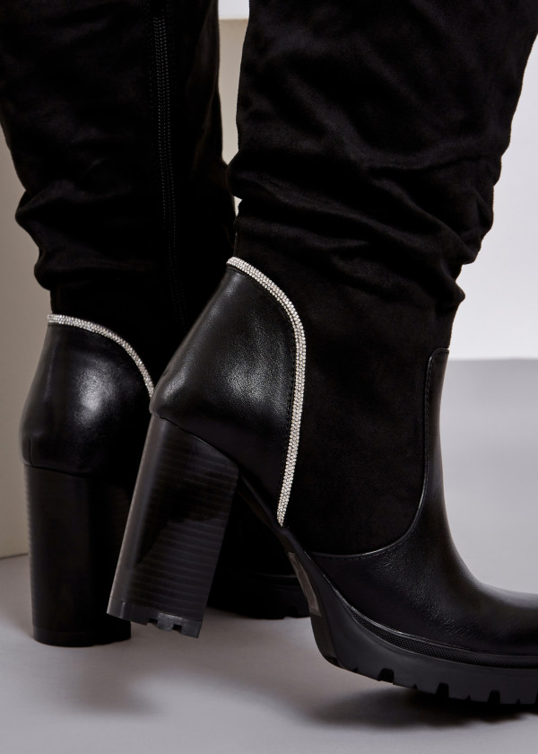 Black slouched diamante detail heeled boots 1