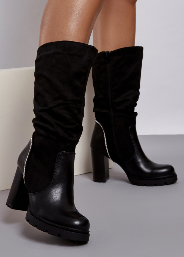 Black slouched diamante detail heeled boots 2