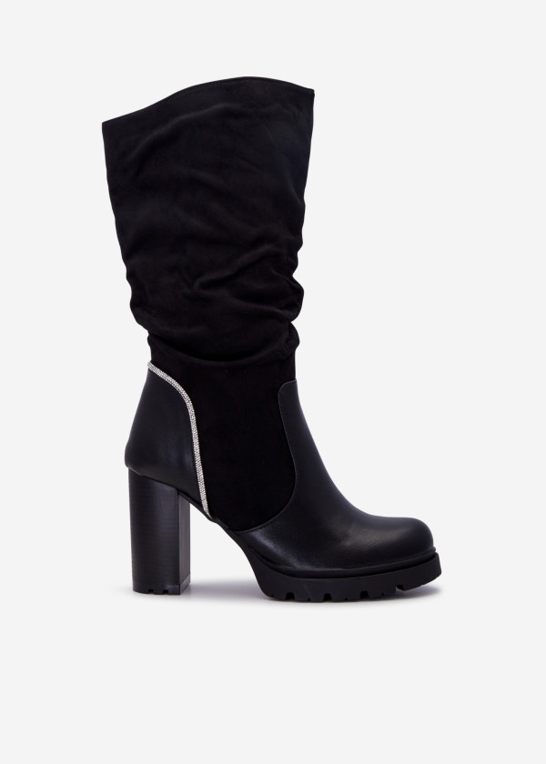 Black slouched diamante detail heeled boots 3